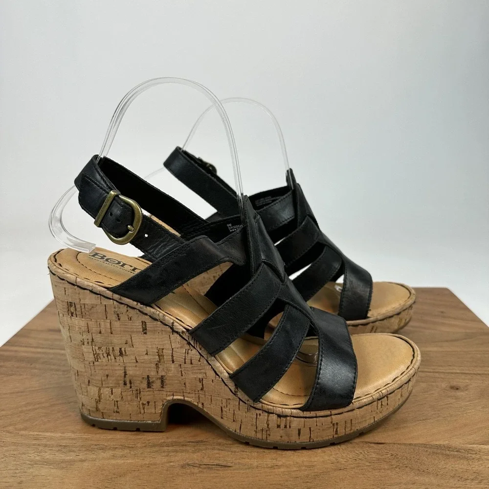 New Womens Born Bernese Black Leather Strappy Wedge Heeled Casual Sandals Size 9